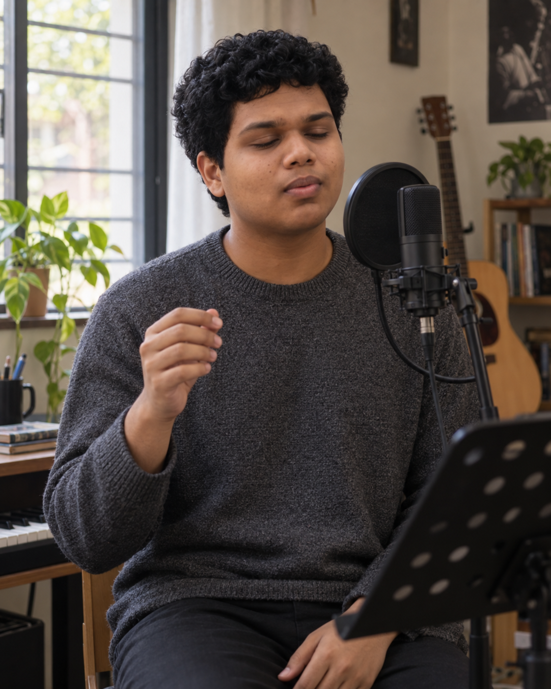 Conceptual portrait of Yethikrishna R practicing vocals beside a window.