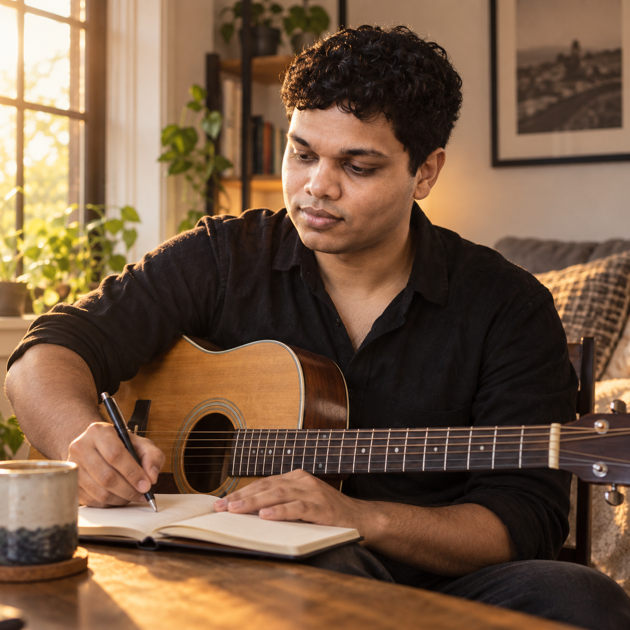 Conceptual portrait of Yethikrishna R writing song notes with a guitar nearby.