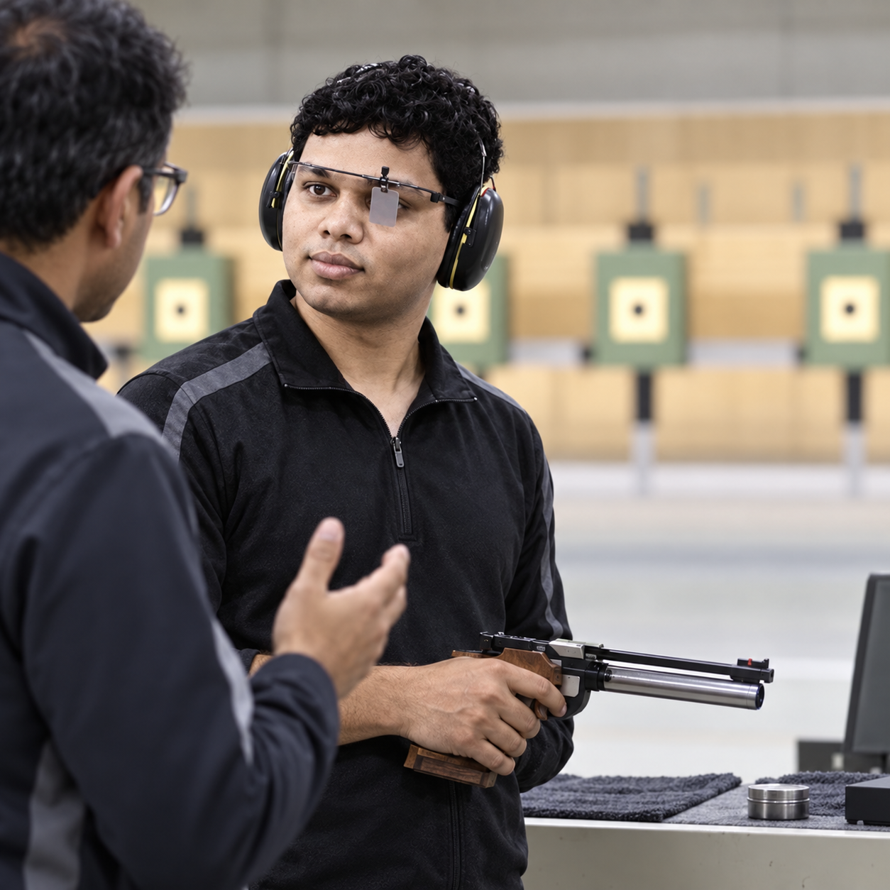 Conceptual portrait of Yethikrishna R during a sport-shooting coaching session.