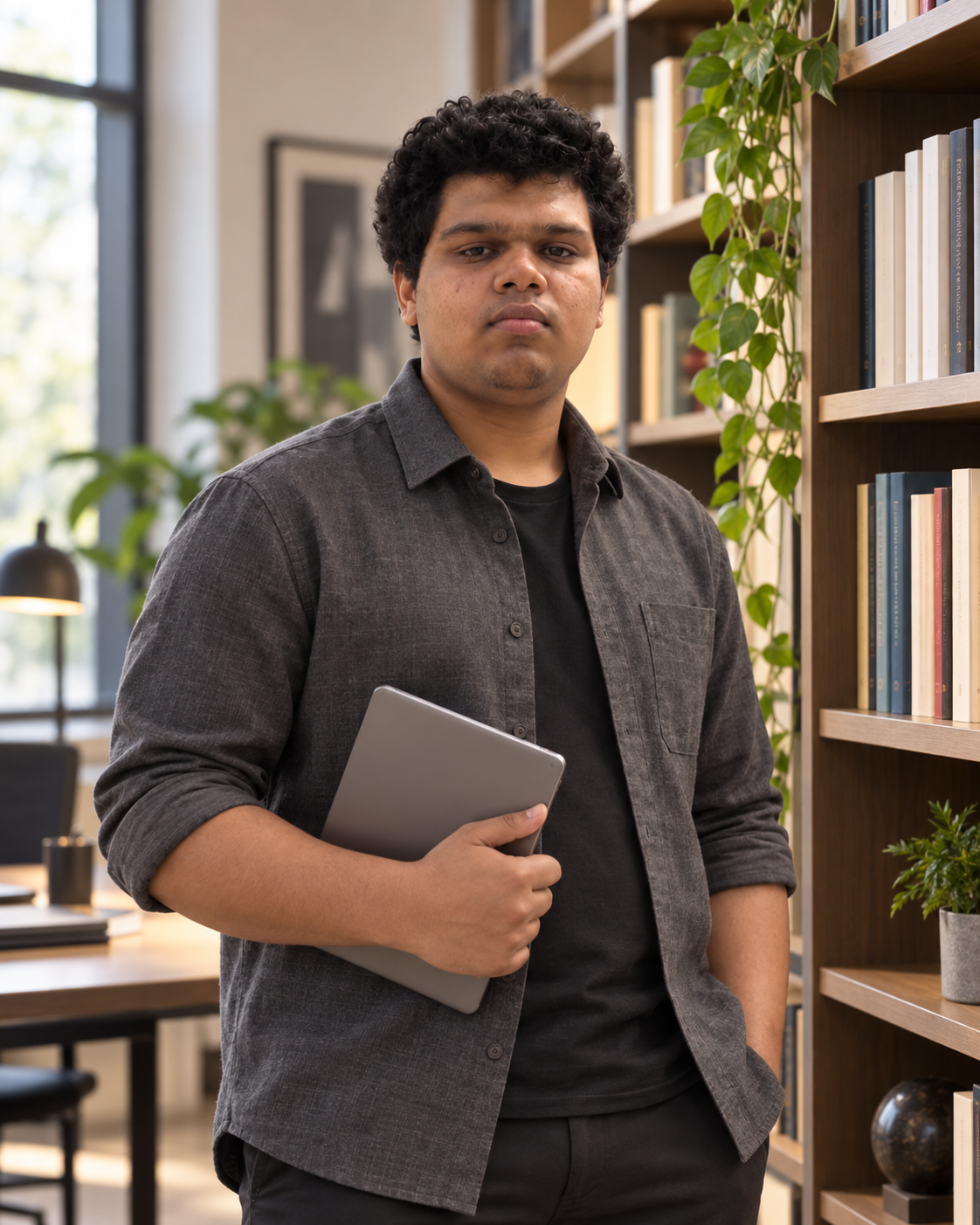 Conceptual portrait of Yethikrishna R, founder of Mynd Labs, in a library setting.