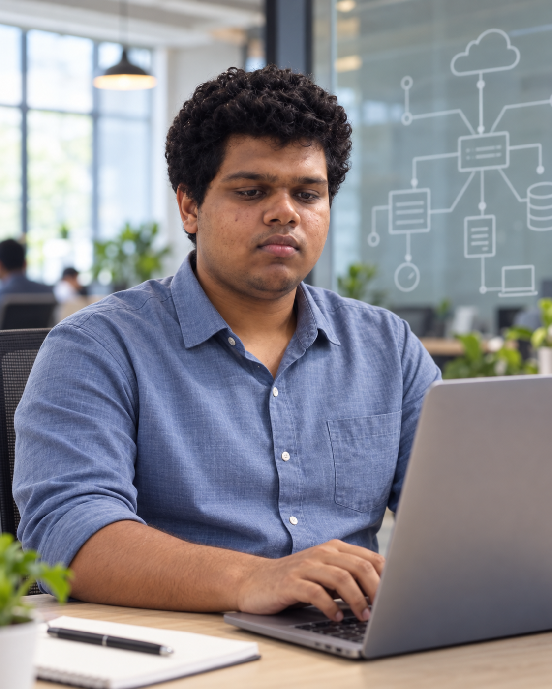 Conceptual portrait of Yethikrishna R as an AI and systems engineer in a co-working setting.