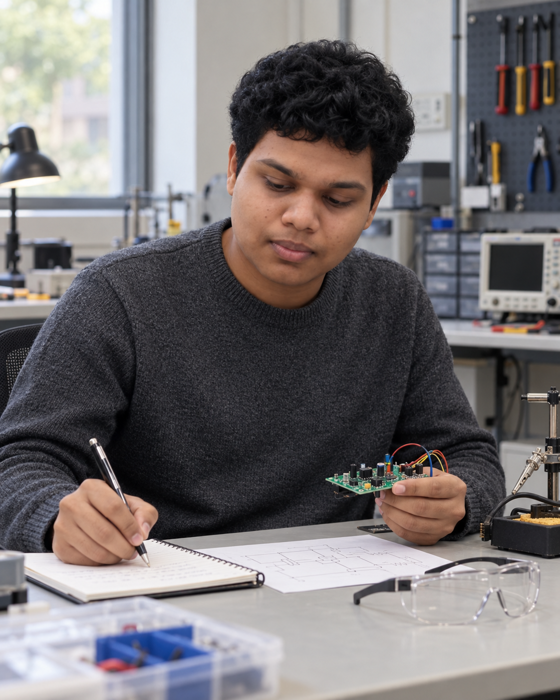 Conceptual portrait of Yethikrishna R reviewing a circuit board in a lab.