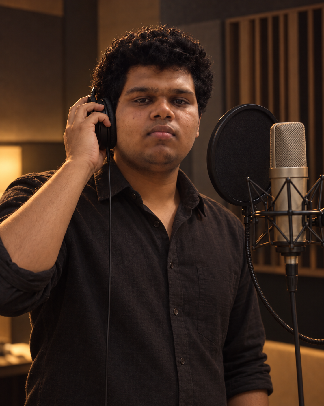 Conceptual portrait of recording artist Yethikrishna R beside a microphone in a music studio setting.
