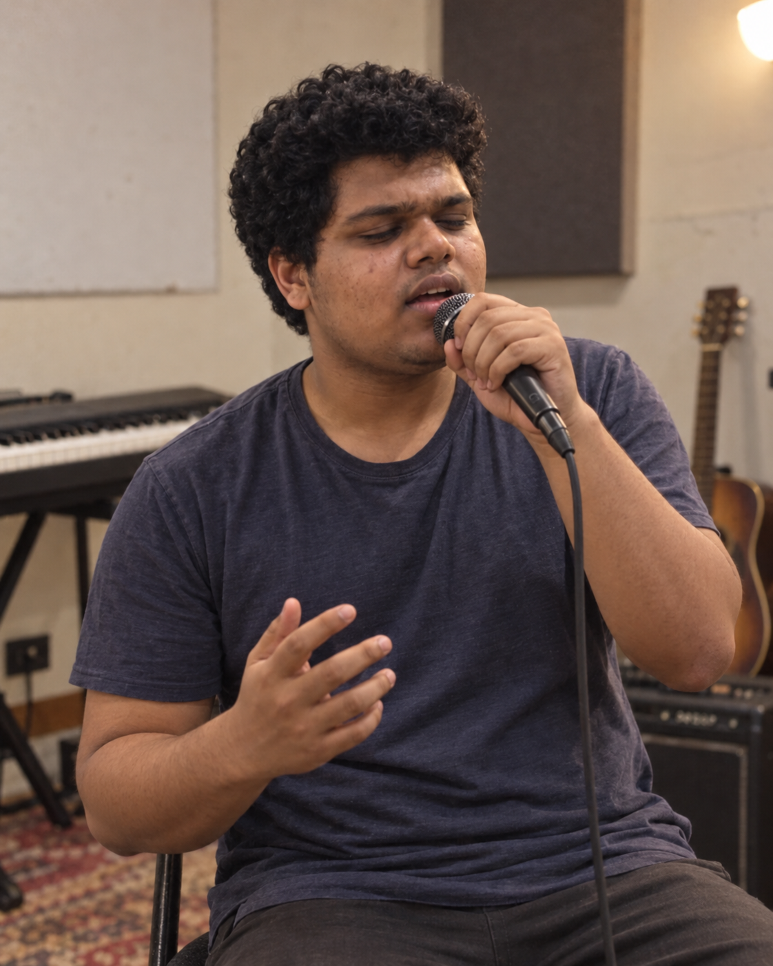 Conceptual candid-style portrait of recording artist Yethikrishna R singing into a handheld microphone.