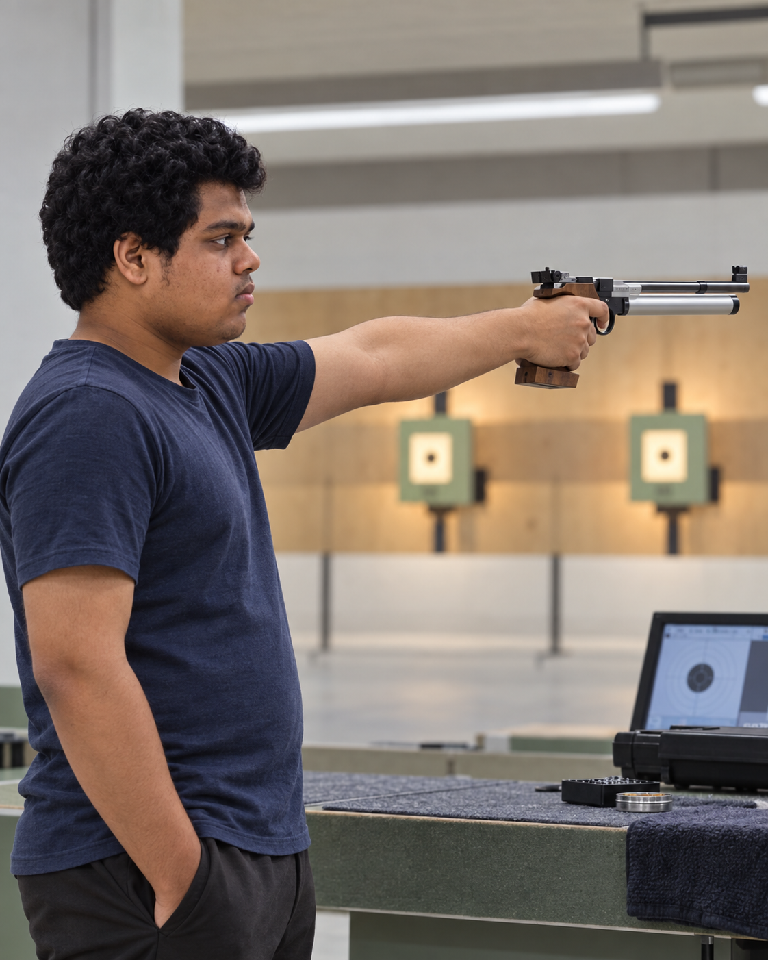 Conceptual candid-style portrait of Yethikrishna R, Olympic shooter from India, in a 10m air pistol practice stance at a generic range.